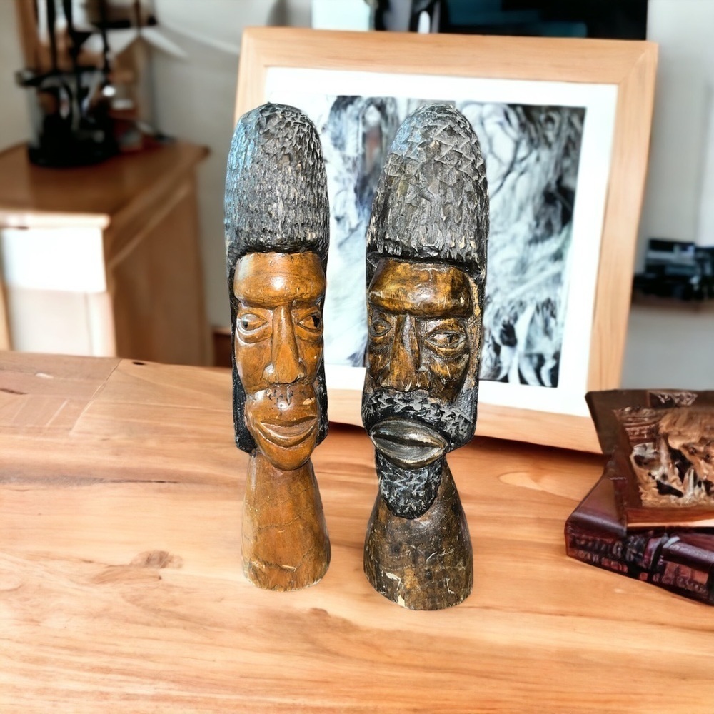 Set of 2 African men wooden statue "busts",  Vintage, Handcarved Africa​… - Picture 2 of 6